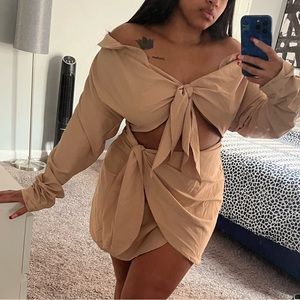 PrettyLittleThing Stone tie front wrap skirt off shoulder dress sz 10